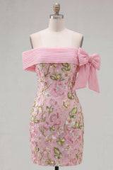 Dressystars Pink Floral Beaded Tight Short Homecoming Dress with Bow