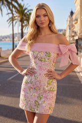 Dressystars Pink Floral Beaded Tight Short Homecoming Dress with Bow