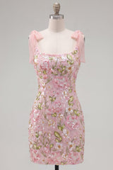 Dressystars Pink Floral Beaded Tight Short Homecoming Dress with Bows