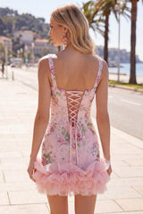 Dressystars Pink Floral Beaded Tight Short Homecoming Dress with Ruffles