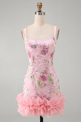 Dressystars Pink Floral Beaded Tight Short Homecoming Dress with Ruffles