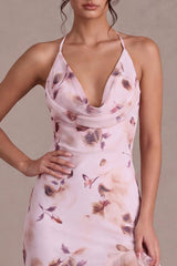 Dressystars Pink Floral Cowl Neck Asymmetrical Ruffled Homecoming Dress