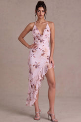 Dressystars Pink Floral Cowl Neck Asymmetrical Ruffled Homecoming Dress