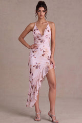 Dressystars Pink Floral Cowl Neck Asymmetrical Ruffled Homecoming Dress