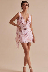 Dressystars Pink Floral Cowl Neck Ruched Tight Short Homecoming Dress with Sash