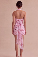 Dressystars Pink Floral Halter Ruched Tight Short Homecoming Dress with Bow