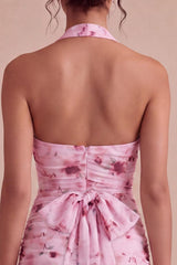 Dressystars Pink Floral Halter Ruched Tight Short Homecoming Dress with Bow