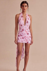 Dressystars Pink Floral Halter Ruched Tight Short Homecoming Dress with Bow