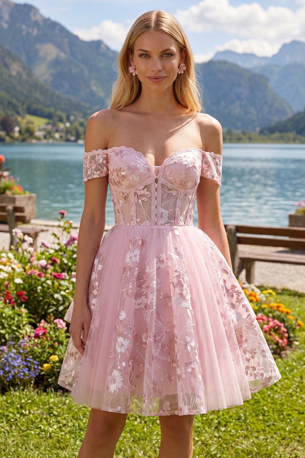 Dressystars Pink Floral Off-the-Shoulder A-Line Corset Short Homecoming Dress