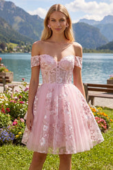 Dressystars Pink Floral Off-the-Shoulder A-Line Corset Short Homecoming Dress
