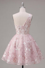 Dressystars Pink Floral One-Shoulder A-Line Short Homecoming Dress