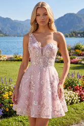 Dressystars Pink Floral One-Shoulder A-Line Short Homecoming Dress