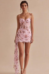 Dressystars Pink Floral Ruched Corset Tight Short Homecoming Dress with Sash