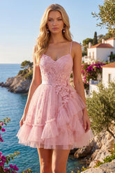 Dressystars Pink Floral Spaghetti Straps Ruffled Tulle A-Line Short Homecoming Dress