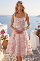 Dressystars Pink Floral Square Neck A-Line Corset Short Homecoming Dress