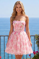 Dressystars Pink Floral Strapless Corset A-Line Short Homecoming Dress