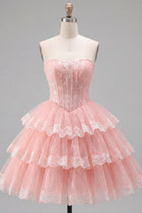 Dressystars Pink Floral Strapless Lace Corset Short Homecoming Dress with Ruffles