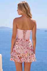 Dressystars Pink Floral Strapless Ruched A-Line Corset Short Homecoming Dress