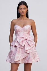 Dressystars Pink Floral Strapless Ruffled A-Line Corset Short Cocktail Dress with Bow