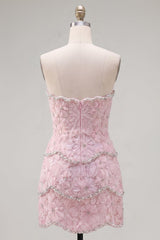 Dressystars Pink Floral Strapless Tight Short Homecoming Dress with Pearl Details