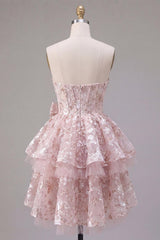 Dressystars Pink Floral Sweetheart Ruffled A-Line Corset Short Homecoming Dress with Bow