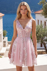 Dressystars Pink Floral V-Neck A-Line Corset Short Homecoming Dress