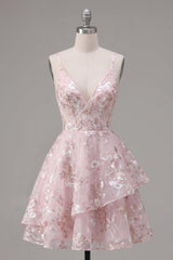 Dressystars Pink Floral V-Neck A-Line Ruffled Short Corset Homecoming Dress