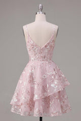 Dressystars Pink Floral V-Neck A-Line Ruffled Short Corset Homecoming Dress