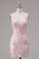 Dressystars Pink Floral V-Neck Beaded Tight Short Corset Homecoming Dress