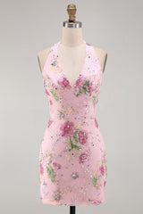 Dressystars Pink Halter Floral Beaded Backless Tight Short Homecoming Dress