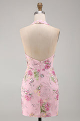 Dressystars Pink Halter Floral Beaded Backless Tight Short Homecoming Dress