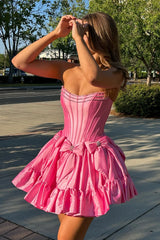 Dressystars Pink Homecoming Dress A Line Corset Strapless Short Prom Dress With Bows