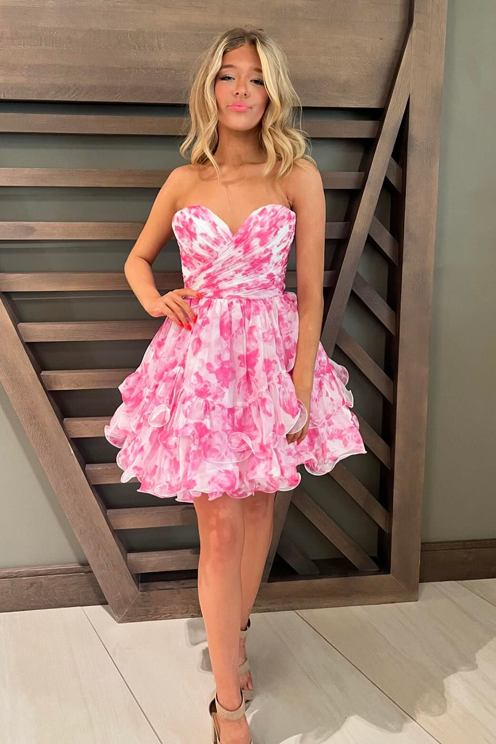 Dressystars Pink Homecoming Dress Floral A Line Tiered Short Prom Dress