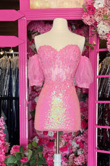 Dressystars Pink Homecoming Dress Tight Corset Sequined Short Prom Dress with Lace