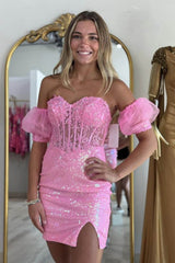 Dressystars Pink Homecoming Dress Tight Corset Sequined Short Prom Dress with Lace