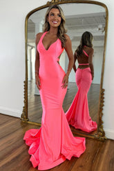 Dressystars Pink Mermaid V-Neck Prom Dress With Cross Back And Satin Finish Formal Evening Gown