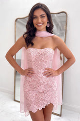 Dressystars Pink Neck Scarf Lace Tight Strapless Short Homecoming Dress
