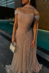 Dressystars Pink Off The Shoulder Beaded Formal Dress Sequined Tulle A Line Prom Evening Gown