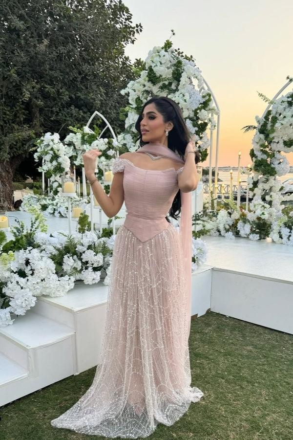 Dressystars Pink Off The Shoulder Beaded Formal Dress Sequined Tulle A Line Prom Evening Gown