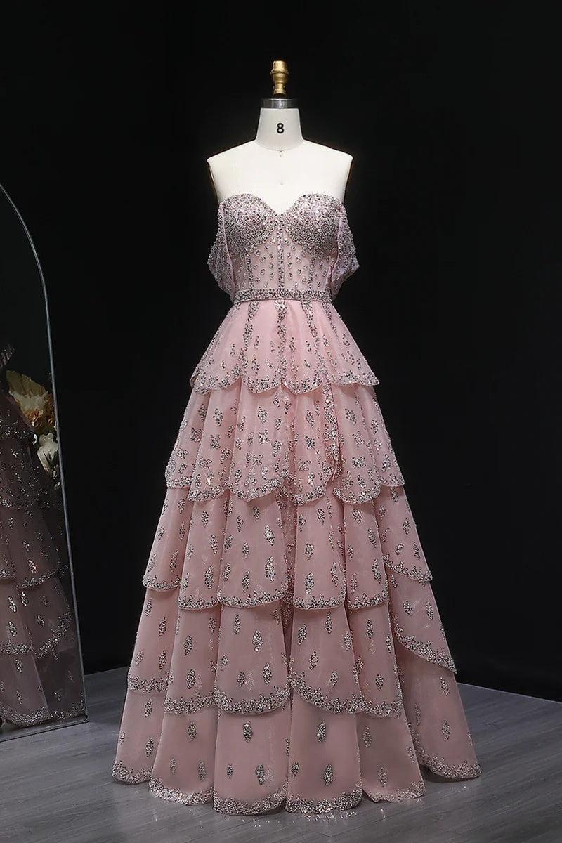 Dressystars Women Pink Off The Shoulder Prom Dress A Line Tiered Beaded  Formal Dress