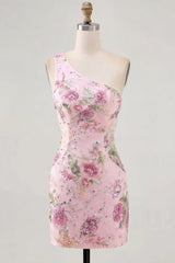 Dressystars Pink One-Shoulder Floral Beaded Tight Short Homecoming Dress