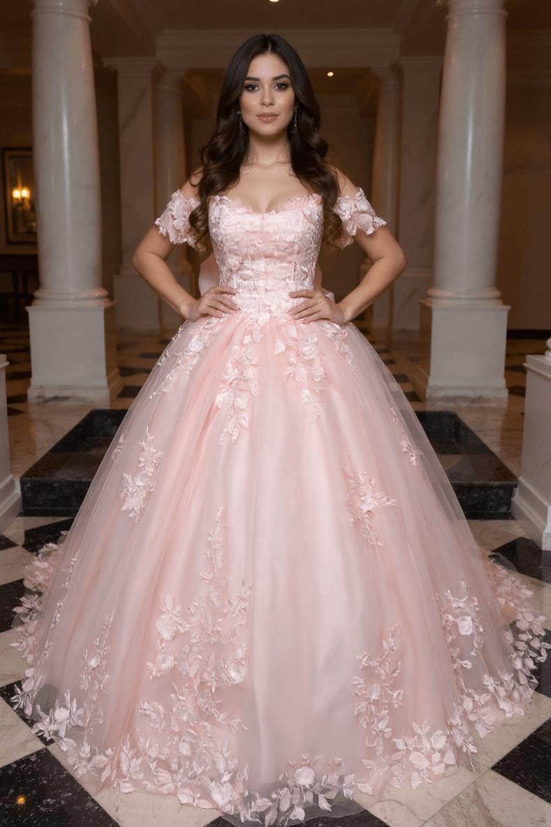 Dressystars Pink Quinceanera Dress Lace Appliques Ball Gown Off the Shoulder Sweet 16 Dress
