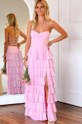 Dressystars Pink Ruffle Tiered Spaghetti Straps Lace-Up Back Prom Dress With Slit Formal Evening Gown