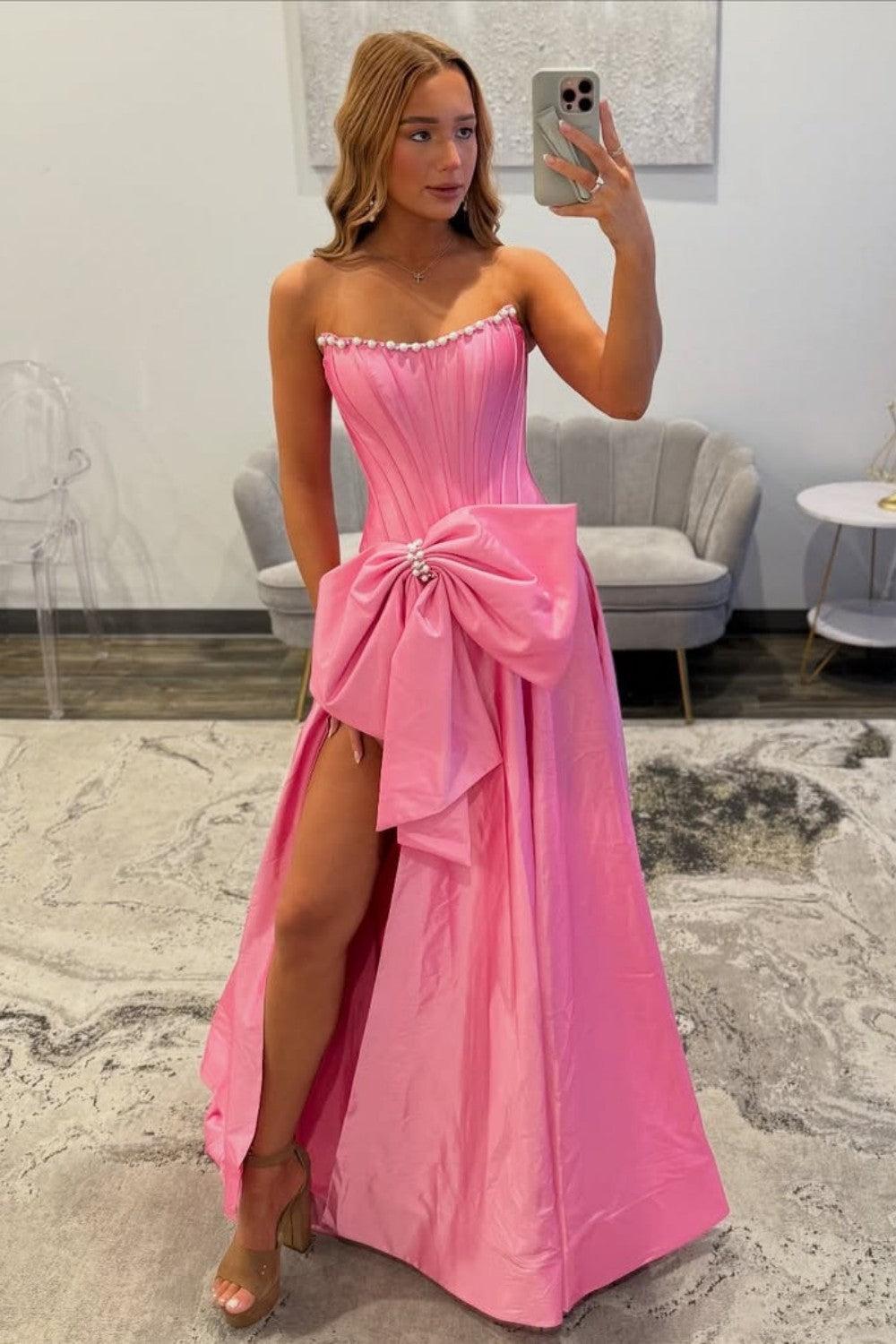 Dressystars Pink Satin Corset Prom Dress With Neckline Pearl Trim & Oversized Bow Formal Evening Gown
