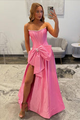 Dressystars Pink Satin Corset Prom Dress With Neckline Pearl Trim & Oversized Bow Formal Evening Gown