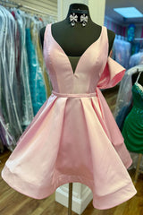 Dressystars Pink Satin V-Neck A Line Homecoming Dresses Short Corset Cocktail Dresses