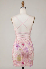 Dressystars Pink Sequin Floral Spaghetti Straps Tight Short Homecoming Dress