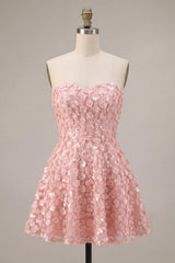 Dressystars Pink Sequins Floral Strapless A Line Short Homecoming Dress