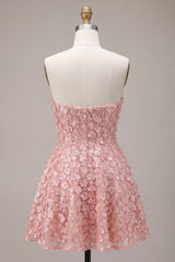 Dressystars Pink Sequins Floral Strapless A Line Short Homecoming Dress