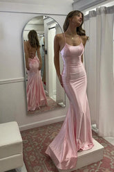 Dressystars Pink Spaghetti Strap Satin Mermaid Prom Dress With Lace-Up Back Formal Evening Gown